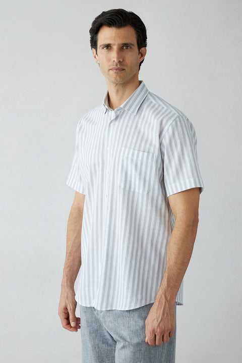Medium Grey Short Sleeve Regular Fit Striped Pocket 100% Cotton Shirt