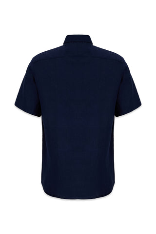 Koyu Lacivert Kısa Kol Regular Fit %100 Keten Gömlek