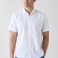 White Short Sleeve Regular Fit Button-Down Collar Sporty 100% Cotton Breathable Linen-Look Shirt