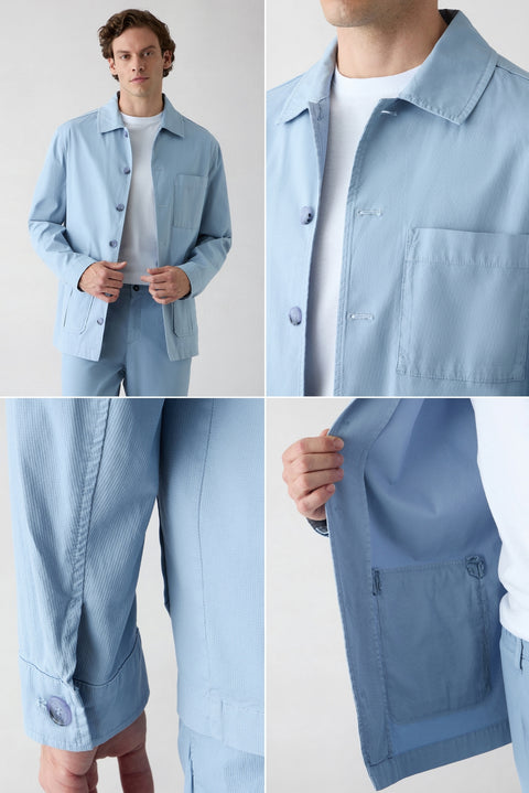 Havacı Mavi Regular Fit Desenli Pamuklu Düğmeli Cepli Spor Gömlek / Mont
