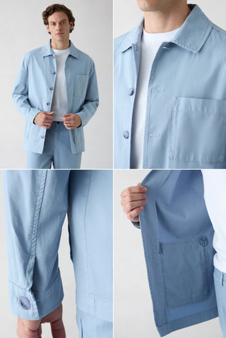 Havacı Mavi Regular Fit Desenli Pamuklu Düğmeli Cepli Spor Gömlek / Mont
