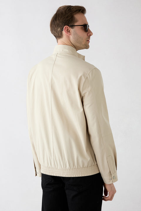 Stone Stand-Up Collar Snap-Button Pocket Zippered Cotton Seasonal Jacket