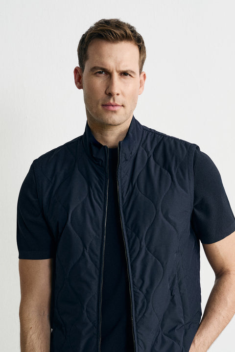 Mid Navy Stand Collar Pocketed Zippered Quilted Sport Vest