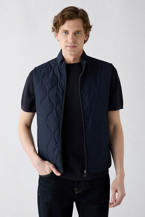 Mid Navy Stand Collar Pocketed Zippered Quilted Sport Vest