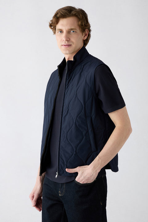 Mid Navy Stand Collar Pocketed Zippered Quilted Sport Vest