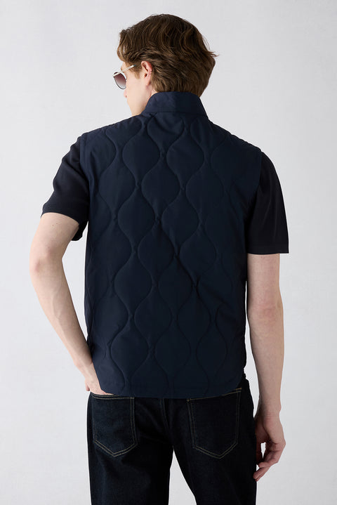 Mid Navy Stand Collar Pocketed Zippered Quilted Sport Vest