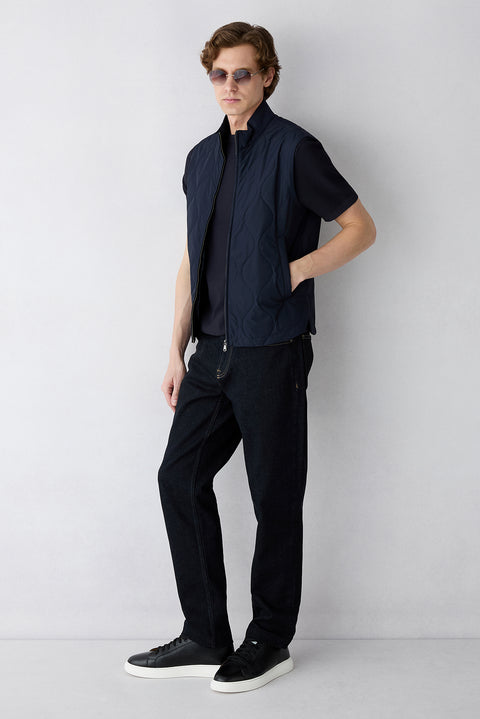 Mid Navy Stand Collar Pocketed Zippered Quilted Sport Vest