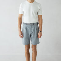 Mid Navy Straight Wide Leg Pleated Side Pocket Lyocell Linen Blend Bermuda Shorts