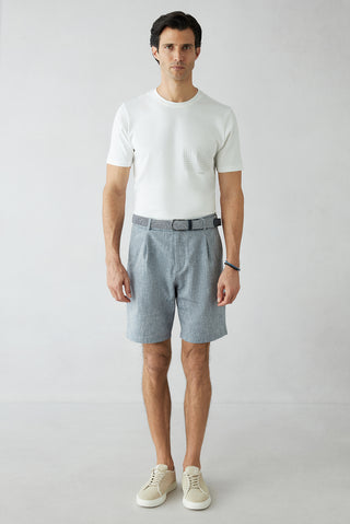 Orta Lacivert Straight Wide Leg Pileli Yan Cepli Lyocell Keten Karışımlı Bermuda Şort