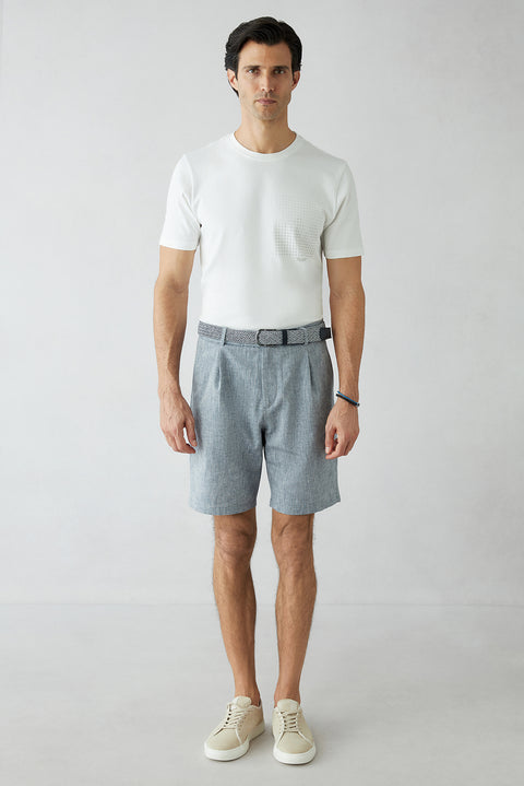 Mid Navy Straight Wide Leg Pleated Side Pocket Lyocell Linen Blend Bermuda Shorts
