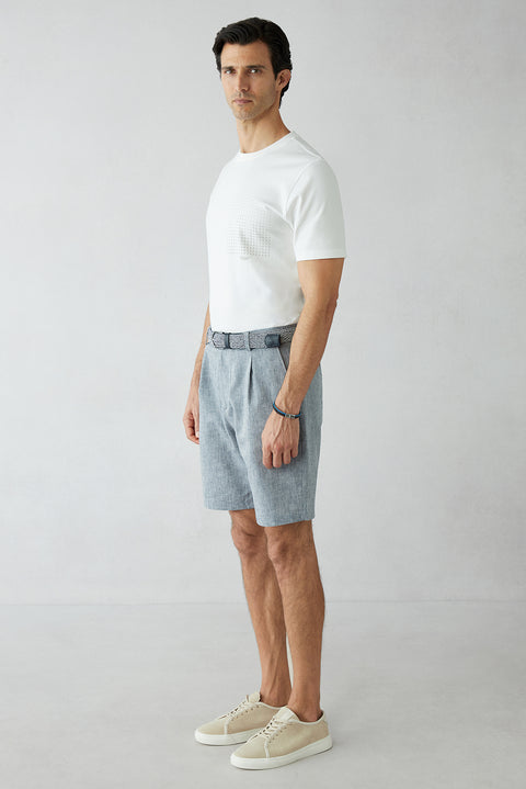 Mid Navy Straight Wide Leg Pleated Side Pocket Lyocell Linen Blend Bermuda Shorts