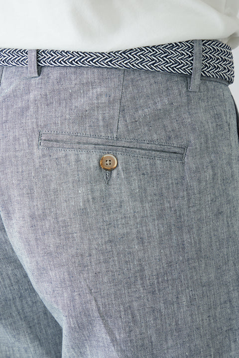 Mid Navy Straight Wide Leg Pleated Side Pocket Lyocell Linen Blend Bermuda Shorts