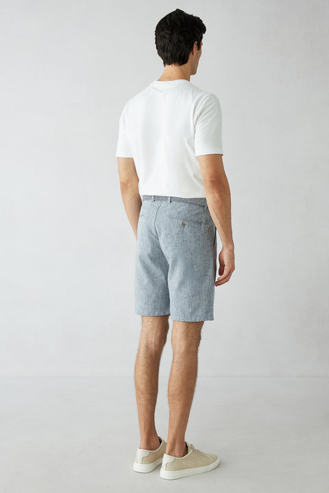 Mid Navy Straight Wide Leg Pleated Side Pocket Lyocell Linen Blend Bermuda Shorts
