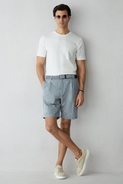Mid Navy Straight Wide Leg Pleated Side Pocket Lyocell Linen Blend Bermuda Shorts