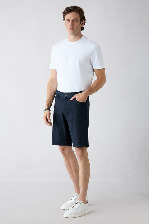 Dark Navy Regular Fit Standard Cut Plain Cotton 5-Pocket Bermuda Shorts