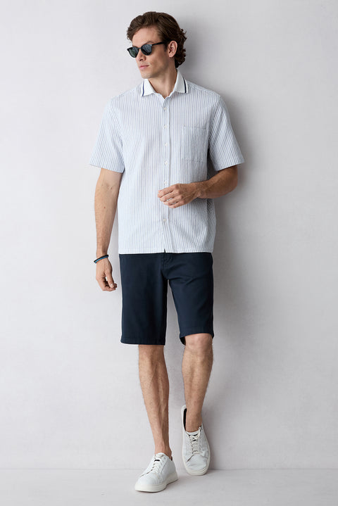 Dark Navy Regular Fit Standard Cut Plain Cotton 5-Pocket Bermuda Shorts
