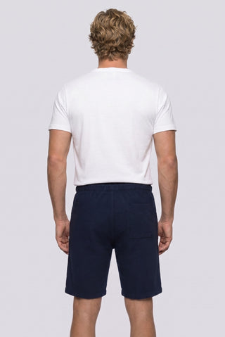 Koyu Lacivert Regular Fit Beli Lastikli İpli Cepli Desenli %100 Pamuk Bermuda Şort