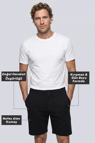Siyah Techno-Line Regular Fit Çıtçıtlı Beli Lastikli Örme Esnek Sweat Şort