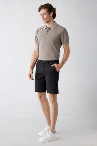 Siyah Regular Fit Standart Kesim Yan Cepli Pamuklu Bermuda Şort