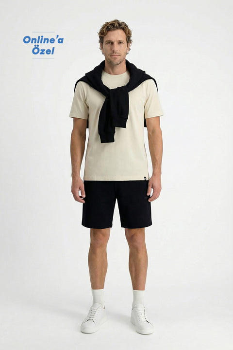 Black Elasticated Waist Drawstring Pockets Jersey Fabric Cotton Sport Sweat Shorts