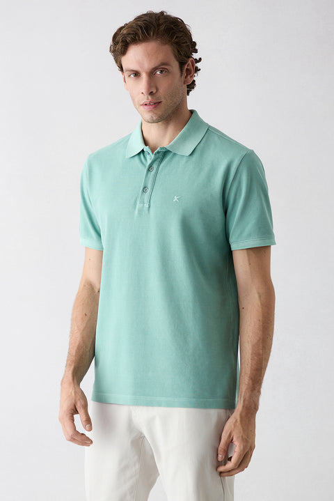 Çağla Yeşili Regular Fit Düğmeli Polo Yaka Nakışlı %100 Pamuk Tişört