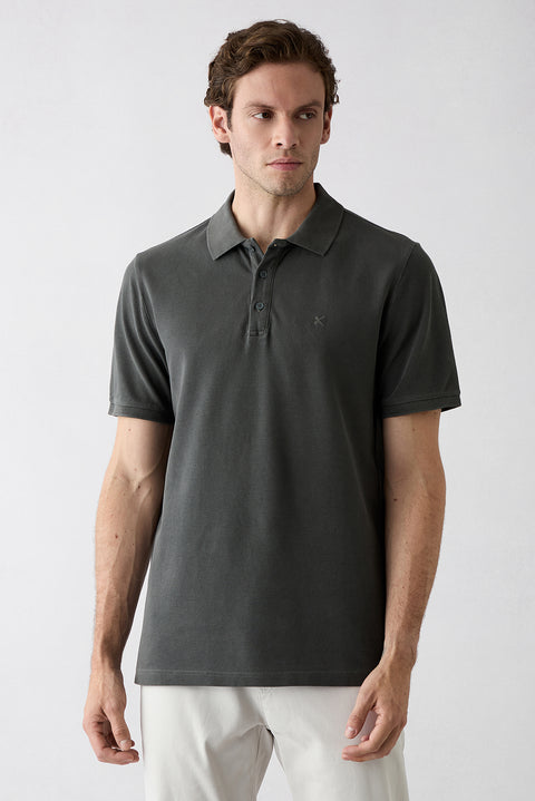 Dark Anthracite Regular Fit Buttoned Polo Neck Embroidered 100% Cotton T-Shirt