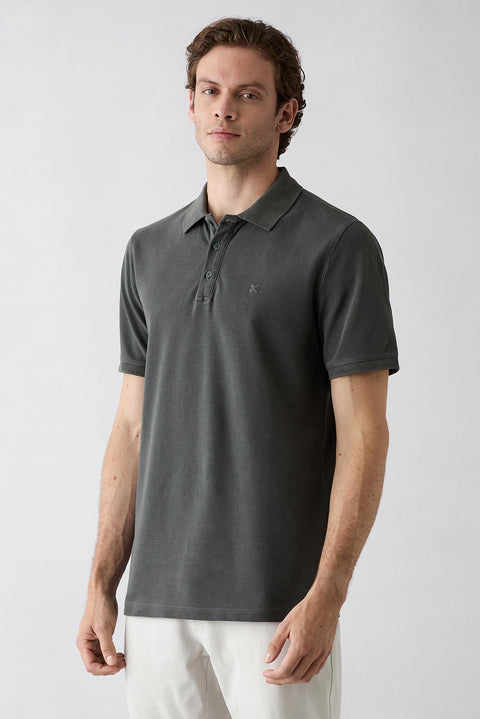 Dark Anthracite Regular Fit Buttoned Polo Neck Embroidered 100% Cotton T-Shirt