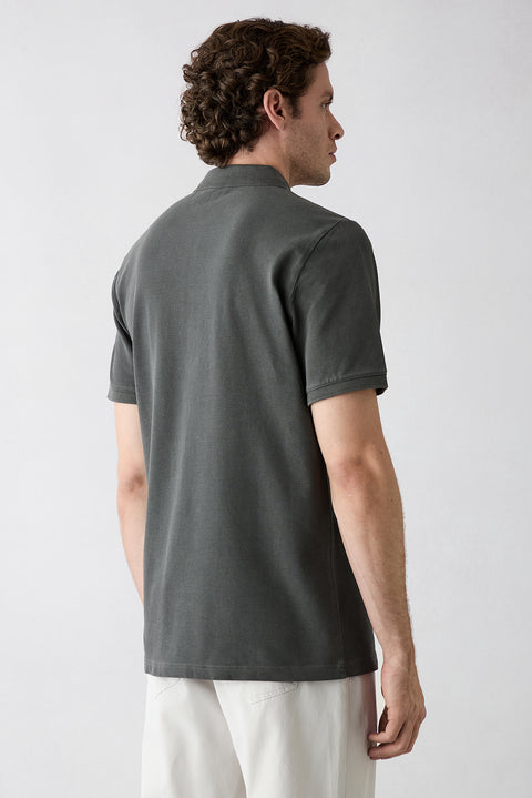 Dark Anthracite Regular Fit Buttoned Polo Neck Embroidered 100% Cotton T-Shirt