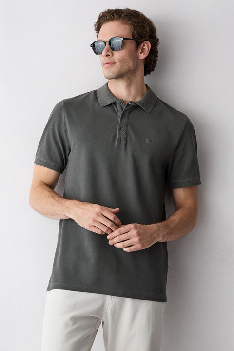 Dark Anthracite Regular Fit Buttoned Polo Neck Embroidered 100% Cotton T-Shirt