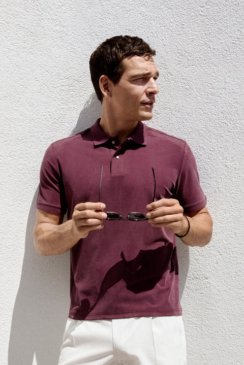 Koyu Bordo Regular Fit Çıtçıtlı Polo Yaka Ribana Detaylı Lyocell Karışımlı Tişört