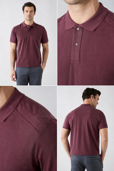 Koyu Bordo Regular Fit Çıtçıtlı Polo Yaka Ribana Detaylı Lyocell Karışımlı Tişört