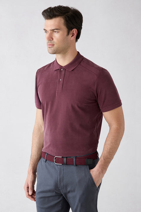 Koyu Bordo Regular Fit Çıtçıtlı Polo Yaka Ribana Detaylı Lyocell Karışımlı Tişört