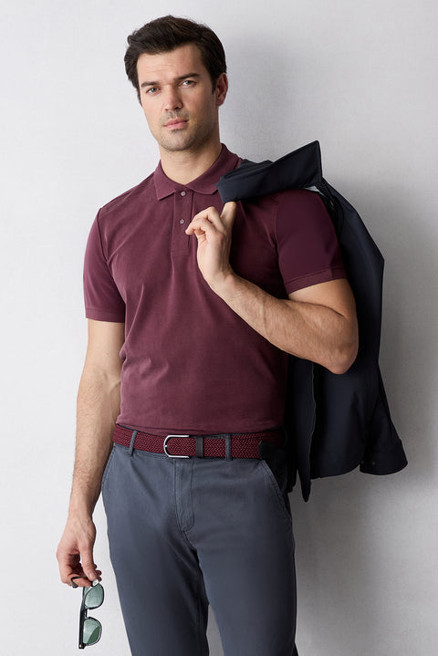 Koyu Bordo Regular Fit Çıtçıtlı Polo Yaka Ribana Detaylı Lyocell Karışımlı Tişört