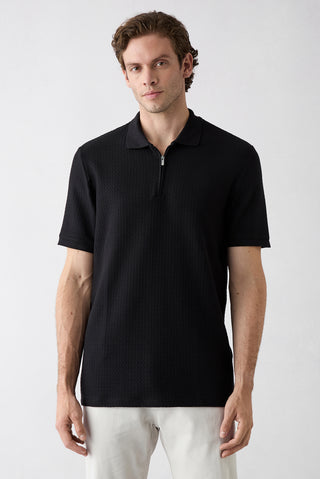 Siyah Fermuarlı Polo Yaka Regular Fit %100 Pamuk Desenli Tişört