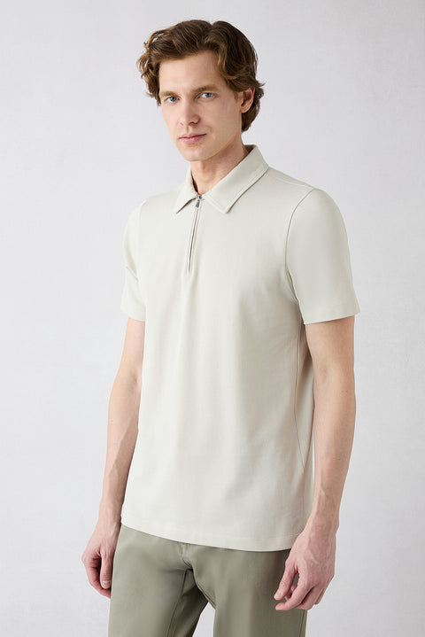 Light Grey Regular Fit 100% Cotton Zippered Polo Neck T-shirt