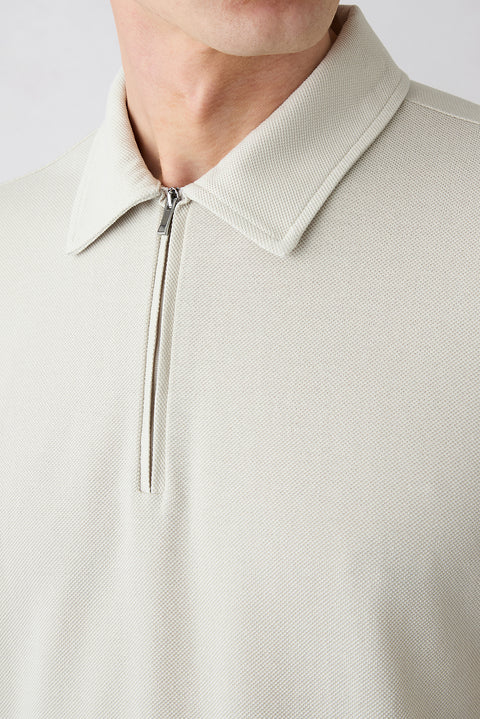 Light Grey Regular Fit 100% Cotton Zippered Polo Neck T-shirt