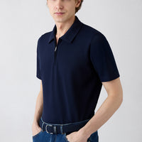 Dark Navy Regular Fit 100% Cotton Zippered Polo Shirt