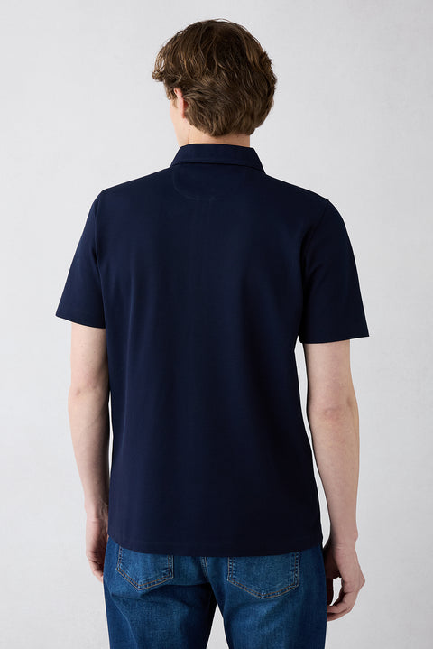 Dark Navy Regular Fit 100% Cotton Zippered Polo Shirt