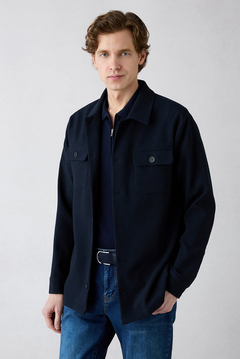 Dark Navy Regular Fit 100% Cotton Zippered Polo Shirt