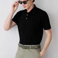 Black Regular Fit Cotton Buttoned Pocket Polo Neck T-shirt