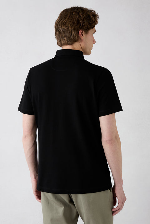 Black Regular Fit Cotton Buttoned Pocket Polo Neck T-shirt