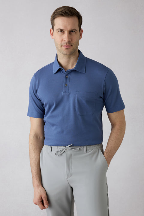 Indigo Regular Fit Cotton Buttoned Pocket Polo Neck T-Shirt