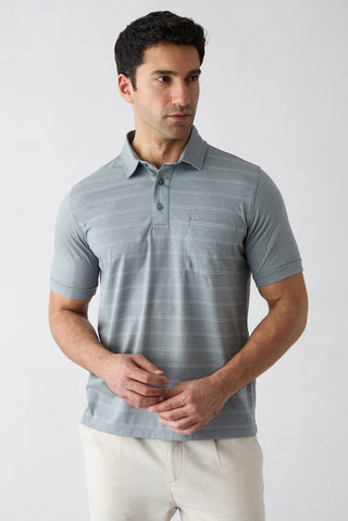 Açık Gri Regular Fit Çizgili Cepli Düğmeli Polo Yaka Tişört