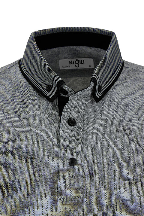 Siyah Polo Yaka Regular Fit Desenli Cepli Tişört