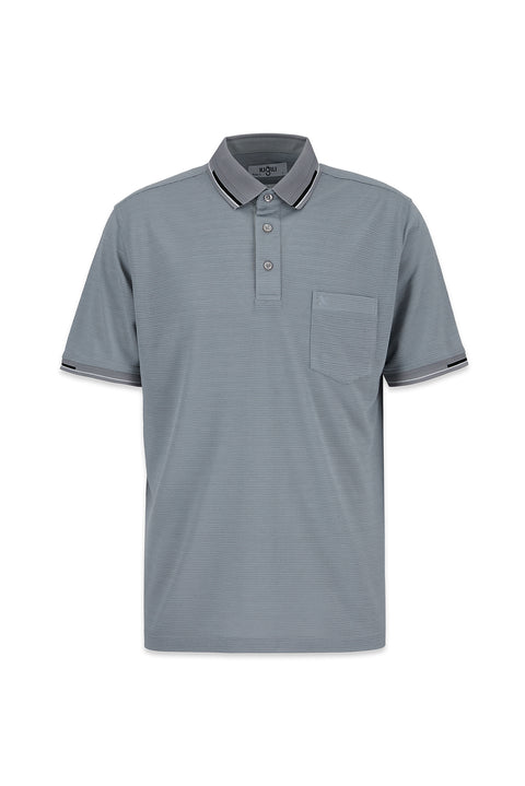 Orta Gri Polo Yaka Regular Fit Ribana Detaylı Nakışlı Cepli Tişört
