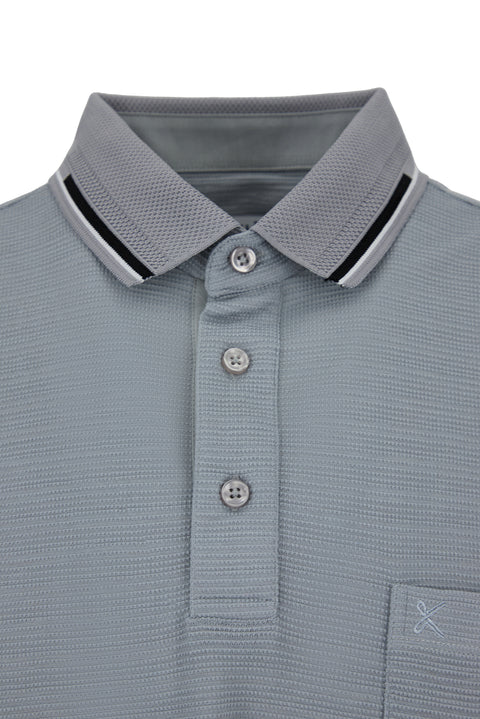 Orta Gri Polo Yaka Regular Fit Ribana Detaylı Nakışlı Cepli Tişört