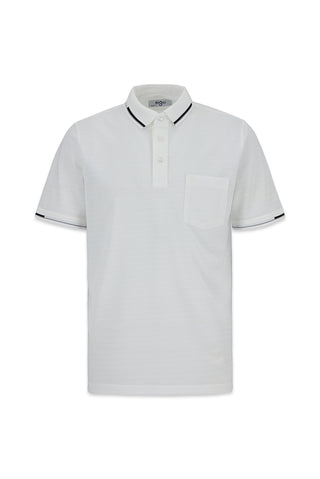 Beyaz Polo Yaka Regular Fit Ribana Detaylı Nakışlı Cepli Tişört