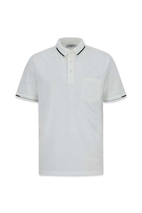 Beyaz Polo Yaka Regular Fit Ribana Detaylı Nakışlı Cepli Tişört
