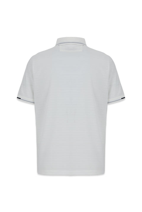 Beyaz Polo Yaka Regular Fit Ribana Detaylı Nakışlı Cepli Tişört