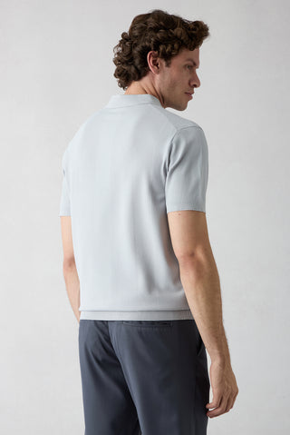 Açık Gri Düğmesiz Polo Yaka Regular Fit Desenli Örme Tişört